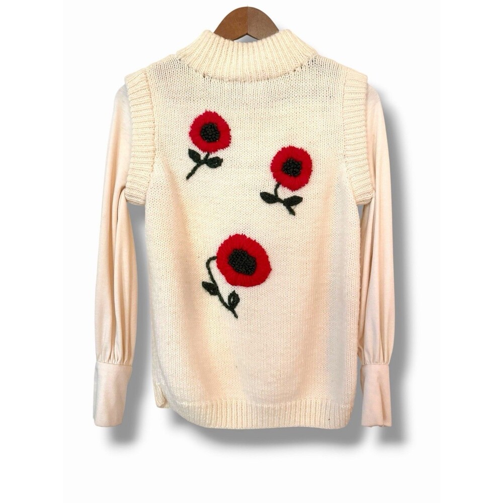 Vintage 80s Hand KnitMock Neck Knit Sweater Flowers